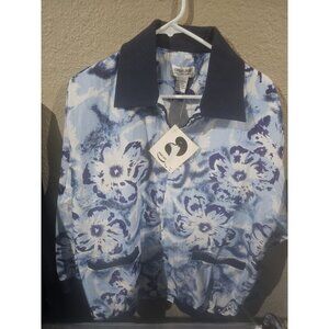 Euro Joy 100% Silk Blue Floral Windbreaker Jacket Vintage NEW Women's Medium